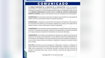 El comunicado destaca de la Chico destaca que el rubro de la construcción es el segundo mayor empleador en el país, generando bienestar, desarrollo y oportunidades valiosas en las familias hondureñas.