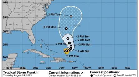 Imagen cedida por el Centro Nacional de Huracanes (NHC) de Estados Unidos en la que se muestra la trayectoria de siete días de la tormenta tropical Franklin, que se convirtió este sábado en huracán 1 en aguas del Océano Atlántico. EFE/Centro Nacional de Huracanes