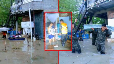Personal Militar del Tercer Batallón de Infantería realizan la instalación de tiendas de campaña y apoyan con la evacuación de ciudadanos afectados por inundación en el Barrio Sinaí del Municipio de Potrerillos, Cortés.