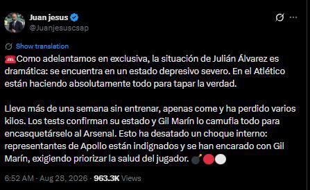 Julián Álvarez preocupa: revelan lo que sufre el argentino y su estado