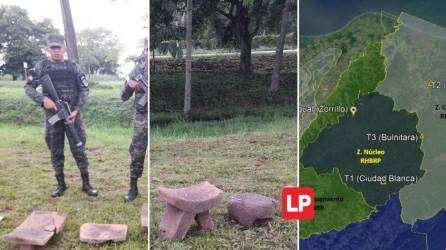 Efectivos del Primer Batallón de Protección Ambiental descubrieron varias piezas arqueológicas cerca de la Ciudad Blanca, en la Mosquitia hondureña.