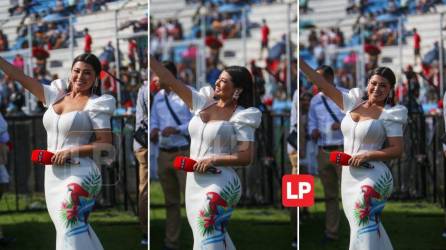 La bella presentadora hondureña, Milagro Flores, deslumbra y derrocha belleza con un espectacular vestido en el Estadio Nacional Chelato Uclés, de Tegucigalpa.