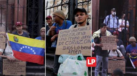 Un grupo de ciudadanos venezolanos pidió ayuda este martes en la Plaza Central del Centro Histórico de Tegucigalpa, mientras realizan su paso migratorio por Honduras con destino a Estados Unidos.