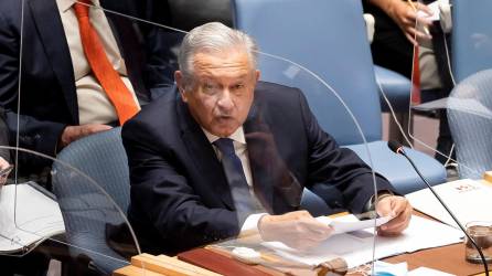 El presidente de México, Andrés Manuel López Obrador, habla ante el Consejo de Seguridad de Naciones Unidas, el 9 de noviembre de 2021, en Nueva York.