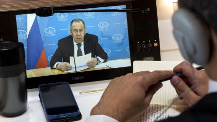 Declaración grabada del ministro de Exteriores ruso, Sergei Lavrov, emitida el martes en la Conferencia de Desarme que se celebra en Ginebra. EFE/EPA/SALVATORE DI NOLFI / POOL