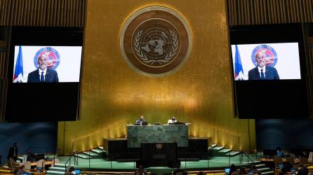 El primer ministro de Haití, Ariel Henry, se dirige de forma remota al 76 ° período de sesiones de la Asamblea General de la ONU mediante un video pregrabado en la ciudad de Nueva York, Nueva York, EEUU, el 25 de septiembre de 2021.