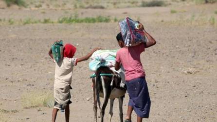 Una mujer camina con su hijo y un animal de carga en una zona árida. AFP