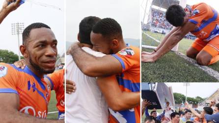 Las mejores imágenes de los festejos de los jugadores de la UPNFM tras remontar ante el Vida y salvar la categoría en la Primera División del fútbol hondureño.