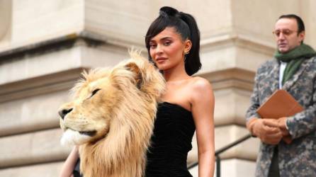 No estas viendo mal, Kylie Jenner lleva la cabeza de un león (falso) pegada al vestido.