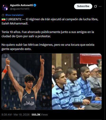 ¡Terrible! Irán ejecuta a deportista y revelan fuerte motivo; hacen petición