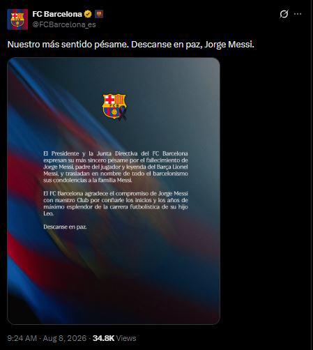 Conmoción tras muerte de Jorge Messi: Barcelona-Real Madrid dejan mensajes a Leo