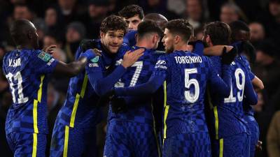 Jugadores del Chelsea celebrando uno de los goles contra el Tottenham.