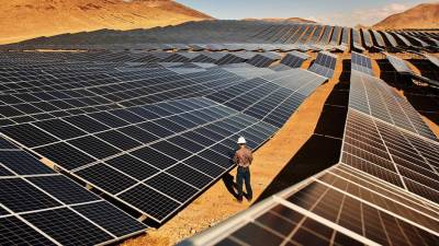 Un técnico mientras trabaja en la granja solar Turquesa en el condado de Washoe en Nevada.