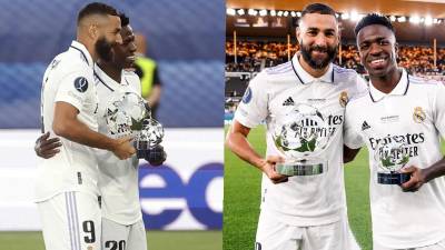 Karim Benzema y Vinicius recibieron sus premios como los mejores de la temporada pasada en la Champions League.