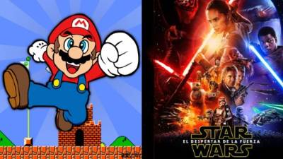 Super Mario Bros. (izquierda). Poster de la última entrega de 'Star Wars, el despertar de la fuerza' (derecha).