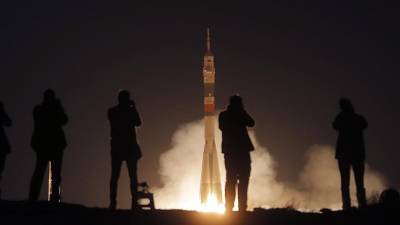 Lanzamiento de una nave Soyuz en el cosmódromo de Baikonur.