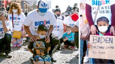 Dareli Matamoros, una niña de Honduras, sostiene un cartel pidiendo al presidente Biden que la deje entrar al país. Yadiel García y su padre Fabricio se arrodillaron a orar.