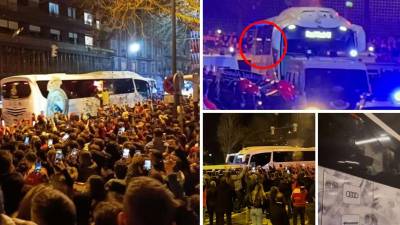 El autobús del Real Madrid fue recibido a botellazos a su llegada al estadio del Athletic Club de Bilbao para el partido de la Copa del Rey 2022.