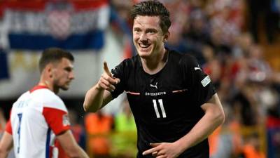 Michael Gregoritsch festejando su gol en el triunfo de Austria sobre Croacia en la primera jornada de la UEFA Nations League.