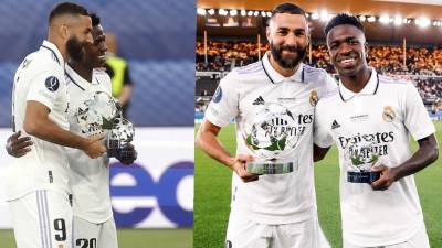 Karim Benzema y Vinicius recibieron sus premios como los mejores de la temporada pasada en la Champions League.