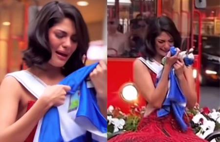 La Miss Universo Sheynnis Palacios tras recibir la bandera de Nicaragua.
