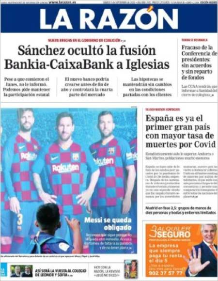 Diario La Razón (España) - “Messi se queda obligado”.“Reconoce que sigue porque no le queda otro remedio. Acusa a Bartomeu de faltar a su palabra y de no tener plan”.