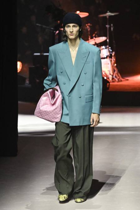 A model presents a creation for Gucci's men's fall/winter 2023/24 fashion collection in Milan on January 13, 2023. 