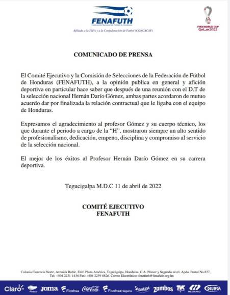 Mediante comunicado, la Fenafuth informó la salida de Hernán Gómez y señaló que ambas partes llegaron a un acuerdo para rescindir el contrato. En primera instancia el mismo era hasta el Mundial del 2026.