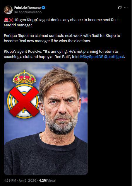 Klopp da revés a Riquelme: la dura respuesta tras su anuncio con Real Madrid