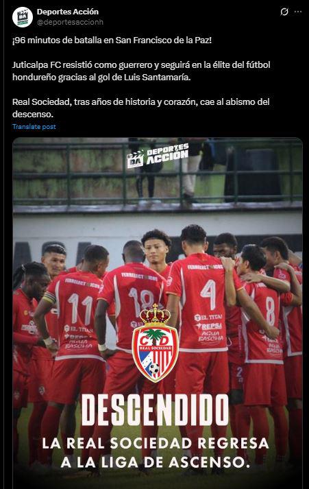 Prensa reacciona: esto dicen tras nuevo descenso de Real Sociedad en Honduras