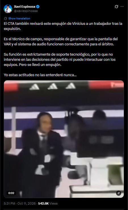 Revelan qué le dijo Vinicius al árbitro y sale a la luz empujón a empleado