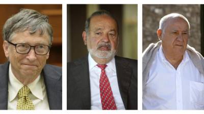 Combo de fotografías de archivo de Bill Gates (i), confundador de Microsoft y el hombre más rico del mundo; del inversor mexicano Carlos Slim (c), segundo en la lista, y del español Amancio Ortega, número tres de la lista y fundador del imperio textil Indite que tiene vende Zara.