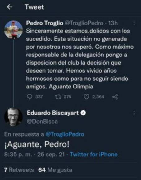 El reconocido periodista argentino Eduardo Biscayart le mostró su apoyo a Pedro Troglio en sus redes sociales.