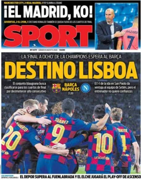 Diario Sport - 'Destino Lisboa', en referencia al partido del Barcelona contra el Napoli en el Camp Nou, en el que el club culé buscará clasificarse a los cuartos de final de la Champions League. 'El Madrid, KO'. 'Cristiano Ronaldo también se queda fuera de los cuartos de final', los otros titulares.