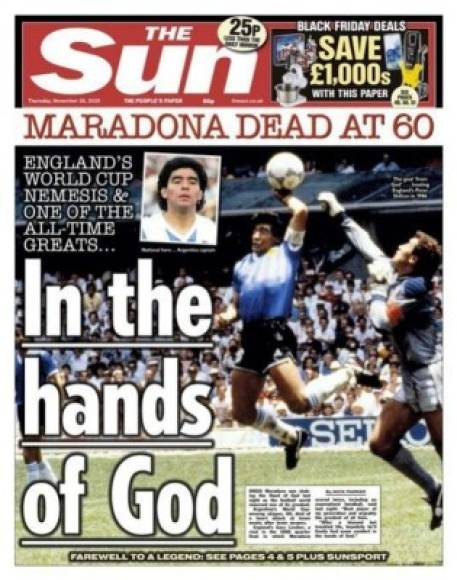 Diario británico The Sun - 'En las manos de Dios'. 'Némesis de la Copa Mundial de Inglaterra y uno de los grandes de todos los tiempos...'.