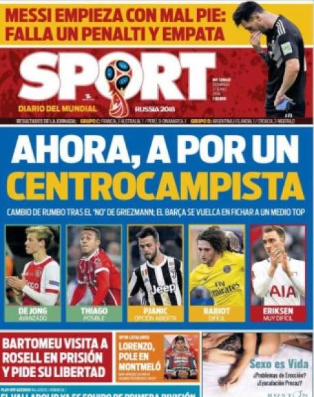 Diario Sport de Barcelona, España, señala que Messi empezó con mal pie luego de que erró un penal en el empate 1-1 entre Argentina e Islandia.