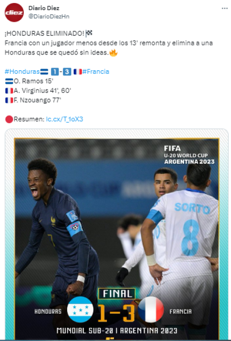 Diario DIEZ: “Francia con un jugador menos desde los 13’ remonta y elimina a una Honduras que se quedó sin ideas”.