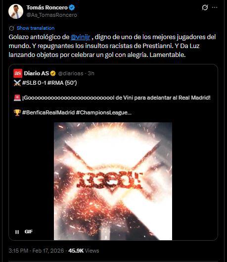 Indignación por lo que pasó con Vinicius ante Benfica; el brasileño reacciona