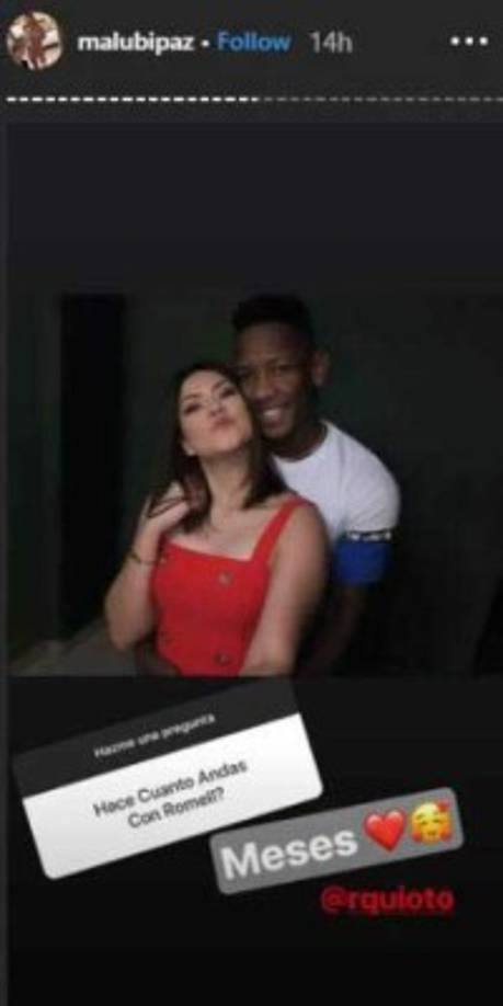 Malubi Paz compartió en su Instagram esta imagen con Romell Quioto respondiendo de esta manera a los meses que tiene de ser la novia del atacante hondureño.