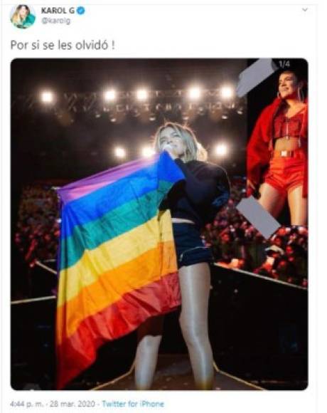 Para descartar que ella sea homofóbica, Karol G ha compartido una antigua foto suya en la que sujeta una bandera con los colores del arcoiris para mostrar su apoyo al colectivo LGBTQ+. '¡Por si se les olvidó!, ha apuntado junto a la imagen.
