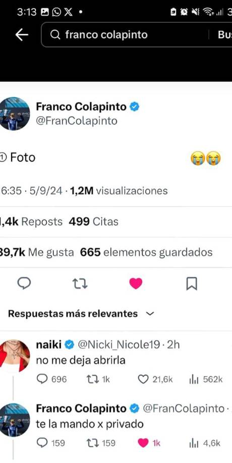 Ahora Nicki vuelve ha estar envuelta en la controversia luego de que ayer la cantante reaccionara a una publicación del piloto Franco Colapinto en la red social X, donde aparentemente compartía unas fotos, pero que no se podían descargar.“No me deja abrirla”, escribió Nicki Dos horas más tarde el corredor le contestó: “Te lo mando por privado”.