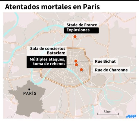 Este mapa señala los lugares de las explosiones en París, Francia.