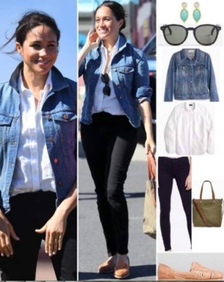 Markle usó una chaqueta vaquera de Madwell, con jeans oscuros y una camisa blanca de su amiga la diseñadora Misha Nonoo.<br/><br/>Llevaba el pelo recogido en un moño desordenado y tenía a la mano unas elegantes gafas de sol Le Specs.<br/><br/>