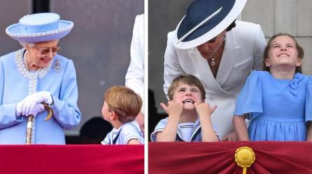Varios miembros de la familia real británica, entre ellos el príncipe Carlos y los duques de Cambridge, William y Kate, aparecieron en el balcón del palacio de Buckingham para acompañar a la reina Isabel II en el saludo oficial, parte de los festejos oficiales por sus 70 años de reinado, pero fue el príncipe Louis quien acaparó la atención con su comportamiento.