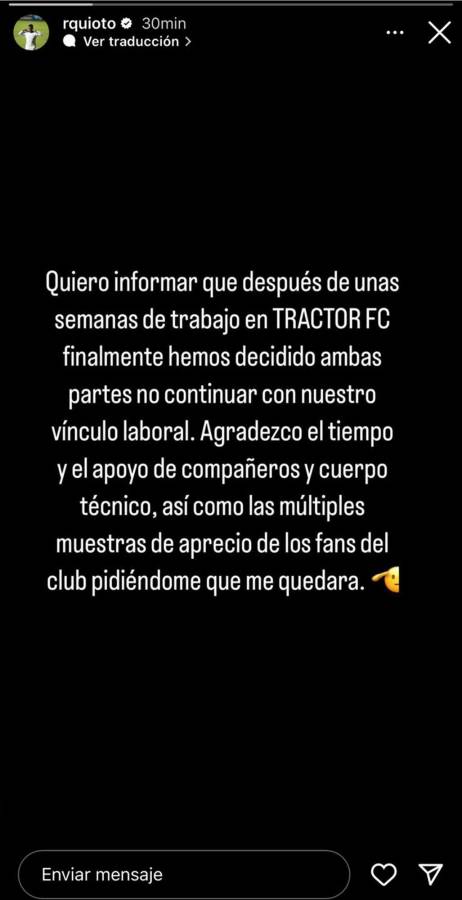 Este fue el mensaje del ’Romántico’ anunciando su salidaa del Tractor SC.