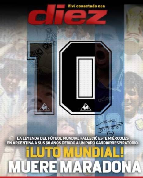 Portada de Diario Diez: '¡Luto mundial! Muere Maradona'.