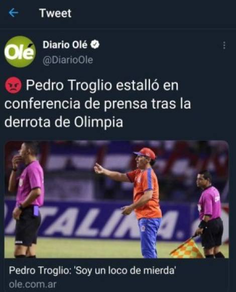 Diario Olé de Argentina: 'Pedro Troglio estalló en conferencia de prensa tras la derrota del Olimpia'.