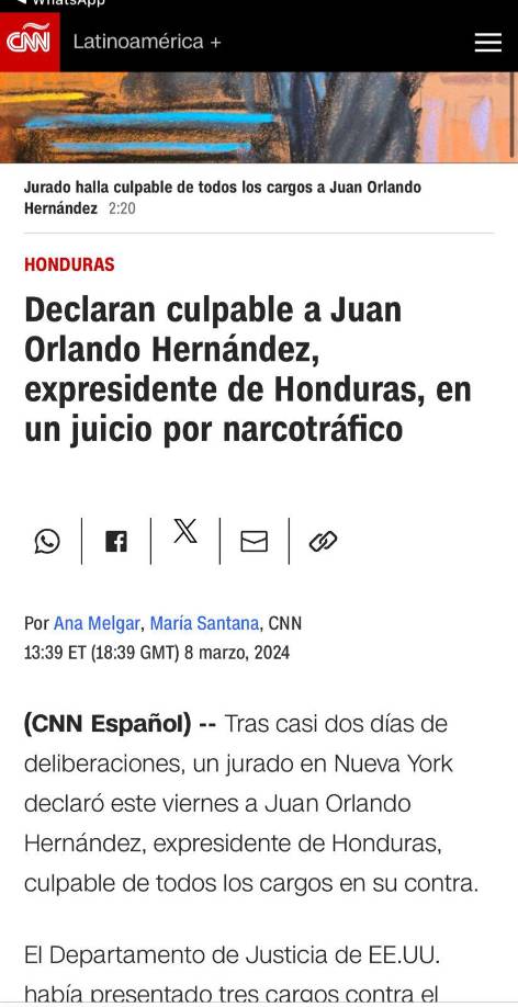 CNN informa: Declaran culpable a Juan Orlando Hernández, expresidente de Honduras, en un juicio por narcotráfico.