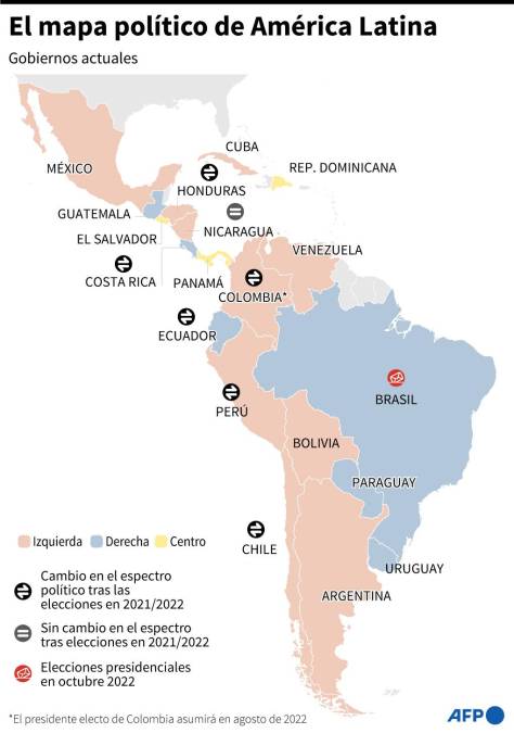 Tras el triunfo de Gustavo Petro en Colombia, así queda configurado el mapa político en América. Con un amplio predominio de la izquierda. Asimismo, las próximas elecciones a celebrarse son en Brasil, donde encuestas dan como favorito al expresidente Lula da Silva. 