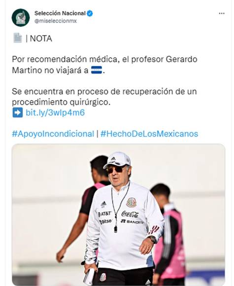 La selección mexicana informó en un comunicado que “por recomendación médica, el profesor Gerardo Martino no viajará a Honduras”. El argentino se encuentra en proceso de recuperación tras una segunda cirugía en el ojo derecho.